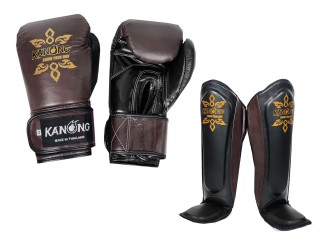 「Kanong」本革 ボクシンググローブ + レッグガード （レガース） : 茶色/黒